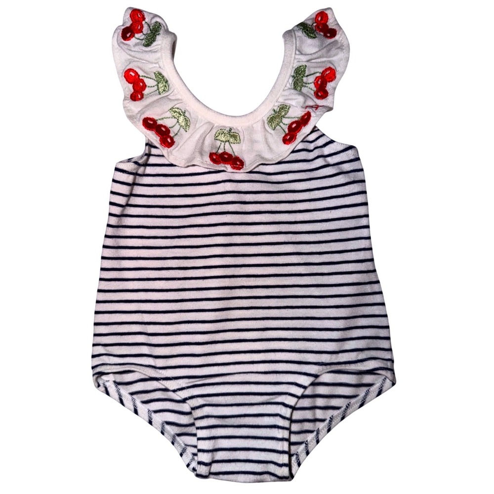 Vintage Baby Dior Onesie 9-12 Mo Nautical Striped Ruffle Cherry Girl Embroidered
